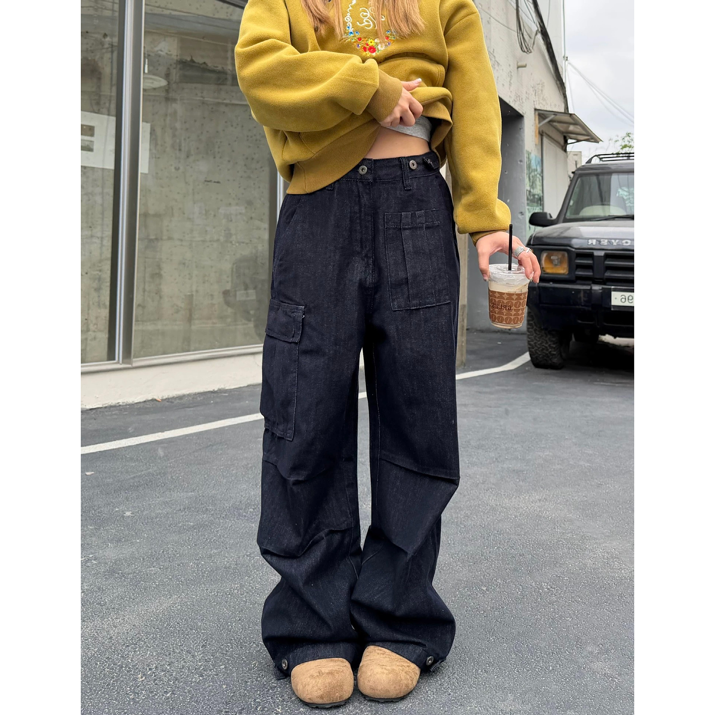 大码美式工装风多口袋阔腿裤