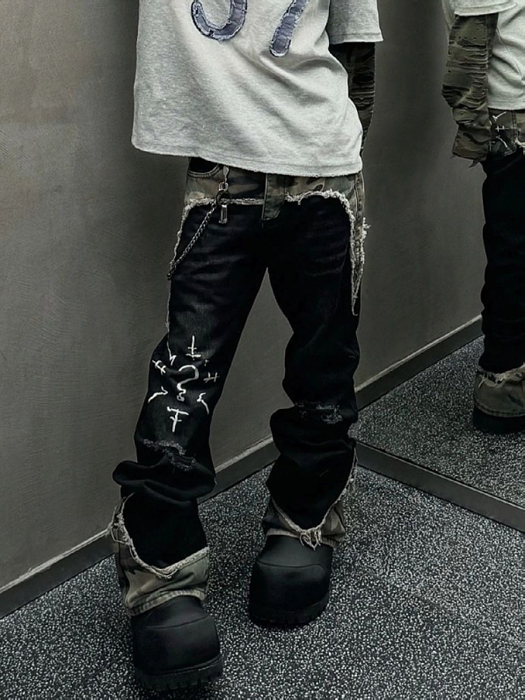 남성과 여성을 위한 대형 미국 스트리트 워싱 위장 접합 청바지 국가 패션 힙합 스트레이트 루즈 슬리밍 바지 유행