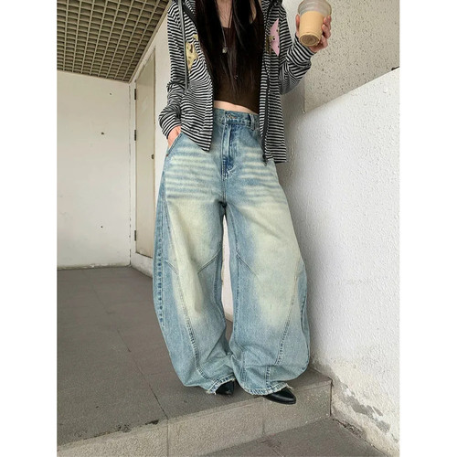 大码高腰水洗阔腿拖地牛仔裤女