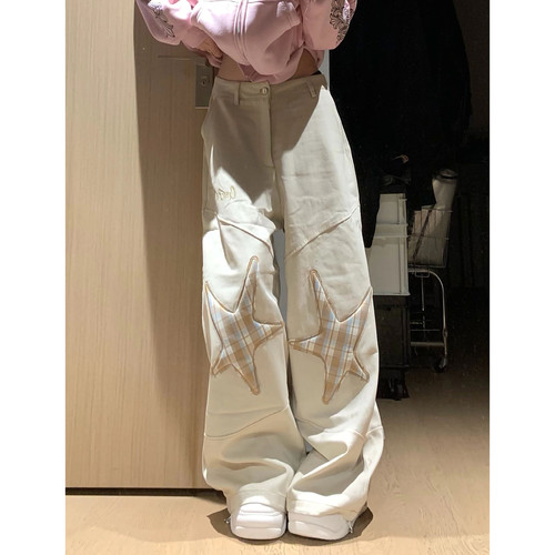 大码美式vibe水洗星星贴布牛仔裤