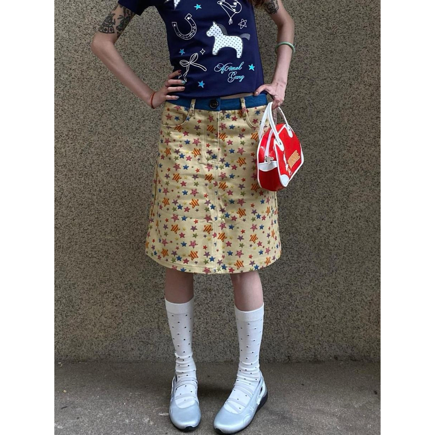 大码美式复古糖果星星印花牛仔半身裙女夏季新款辣妹显瘦A字中裙