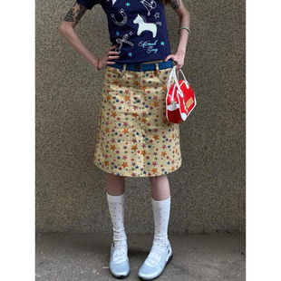 大码美式复古糖果星星印花牛仔半身裙女夏季新款辣妹显瘦A字中裙