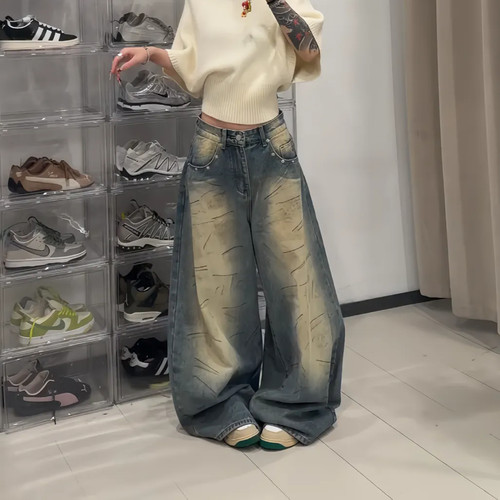 大码美式复古做旧阔腿牛仔裤女