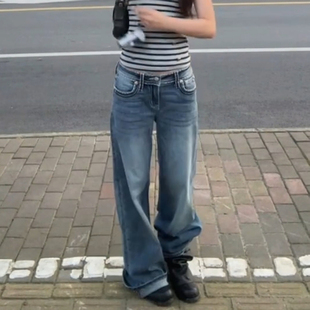 女辣妹低腰直筒显瘦阔腿长裤 复古重工刺绣粗线烫钻牛仔裤 美式 大码