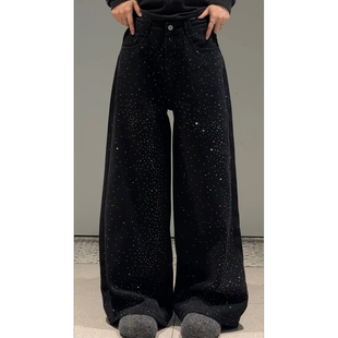 美式复古满天星烫钻黑色阔腿裤女大码宽松显瘦炸街时髦休闲牛仔裤
