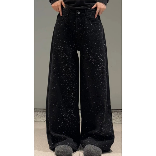 美式复古满天星烫钻黑色阔腿裤