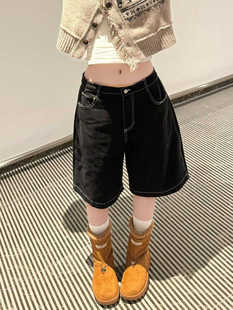 美式 休闲宽松显瘦明线高腰五分裤 阔腿牛仔中裤 新款 子潮 女夏季 大码