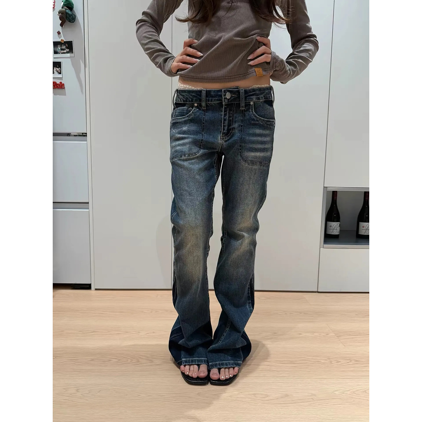 大码美式复古低腰微喇牛仔裤女秋季新款拼接设计垂坠感拖地喇叭裤