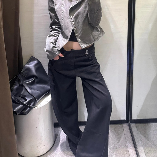 秋季大码美式复古阔腿牛仔裤女