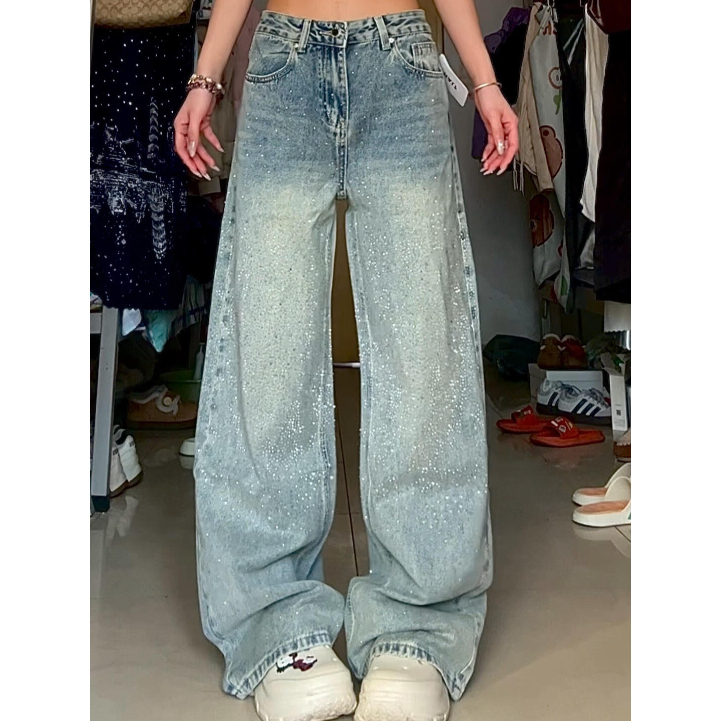 美式大码复古水洗满天星烫钻牛仔裤女2026年新款宽松显瘦垂感长裤,女装/女士精品,大码裤装,淘宝优惠券,粉丝福利购,淘宝优惠卷