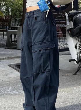 大码美式复古大口袋工装牛仔裤男女水洗宽松高街廓形阔腿弯刀长裤