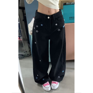 辣妹高腰宽松直筒长裤 大码 女2026新款 复古星星刺绣阔腿牛仔裤 美式