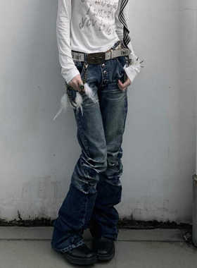 大码美式复古水洗波纹微喇牛仔裤女新款辣妹排扣褶皱直筒显瘦长裤