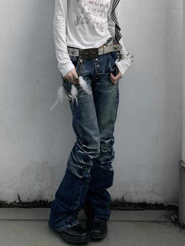 大码美式复古微喇排扣牛仔裤直筒