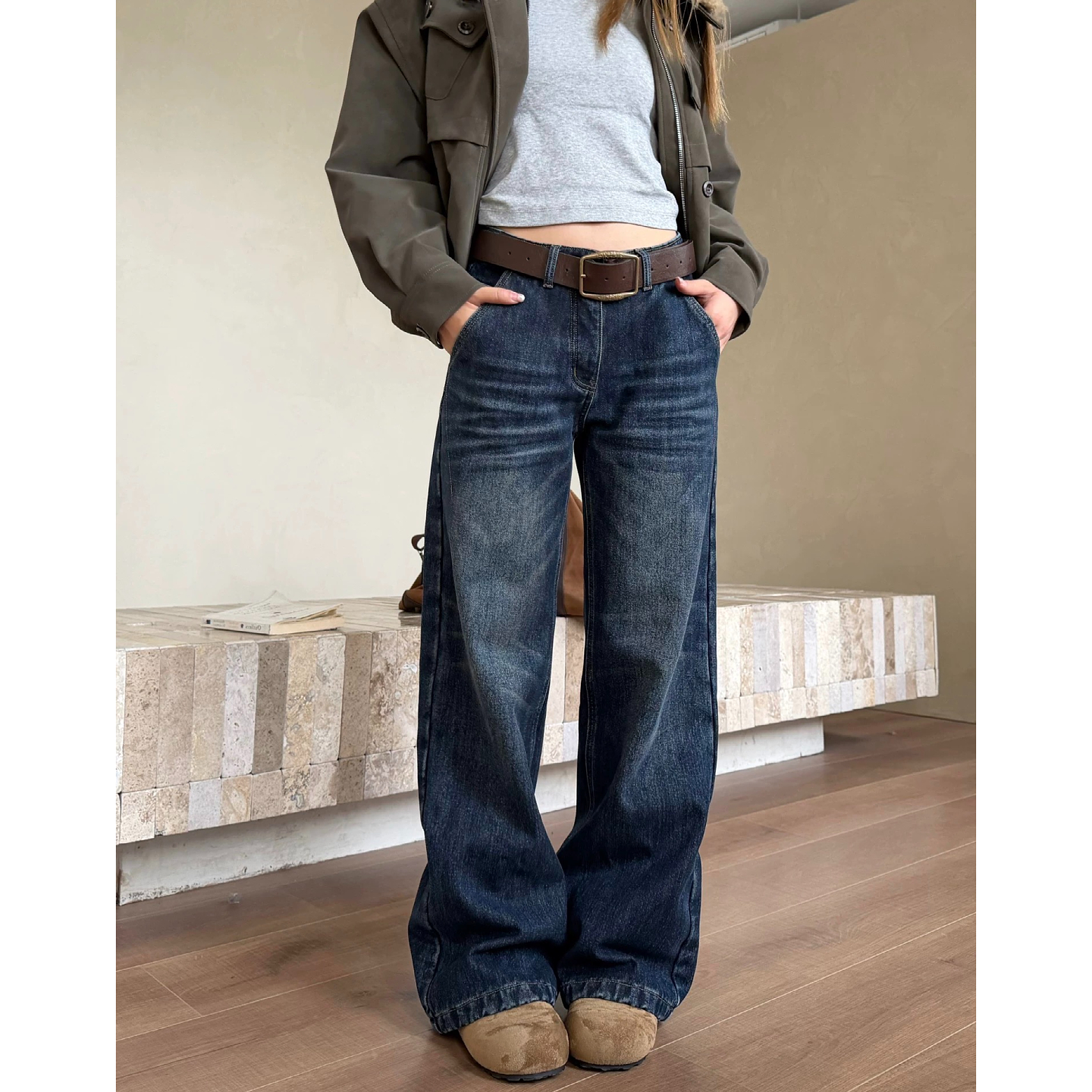 大码美式复古水洗猫须牛仔裤