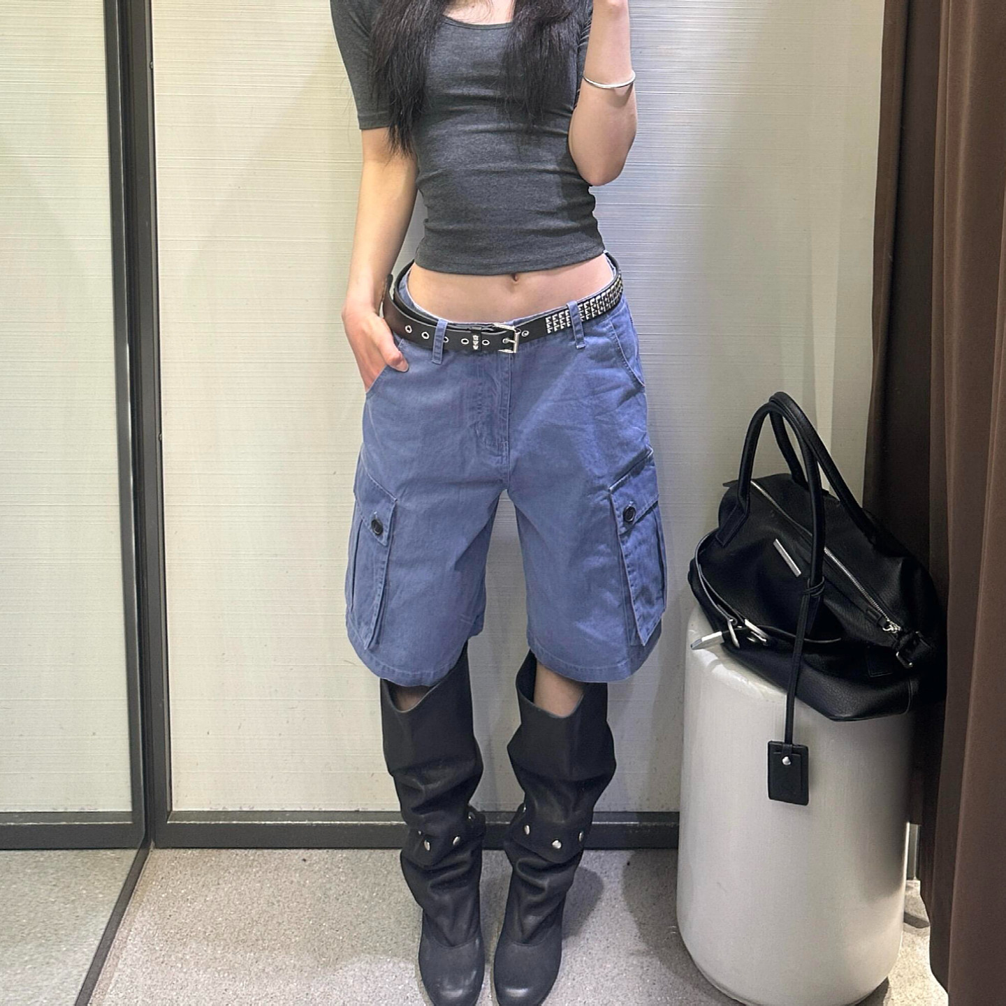 大码美式复古蓝色大口袋工装五分裤女夏季新款宽松百搭阔腿短裤子