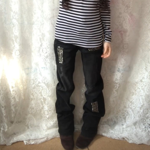 大码美式复古水洗破洞铆钉牛仔裤女朋克亚文化修身显瘦直筒长裤子