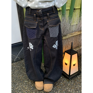 女黑色阔腿多口袋设计感宽松垂感长裤 复古刺绣贴布牛仔裤 美式 大码
