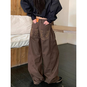 大码 男女高街直筒宽松百搭阔腿长裤 美式 复古绣花竖条纹弯刀牛仔裤