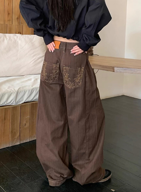 大码美式复古绣花竖条纹弯刀牛仔裤男女高街直筒宽松百搭阔腿长裤
