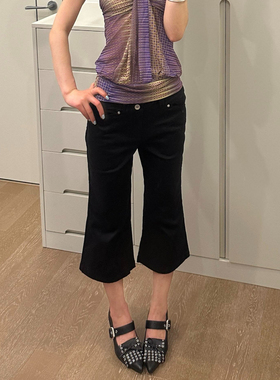 大码美式黑色铆钉马蹄七分裤女夏季新款低腰辣妹弹性显瘦马术中裤