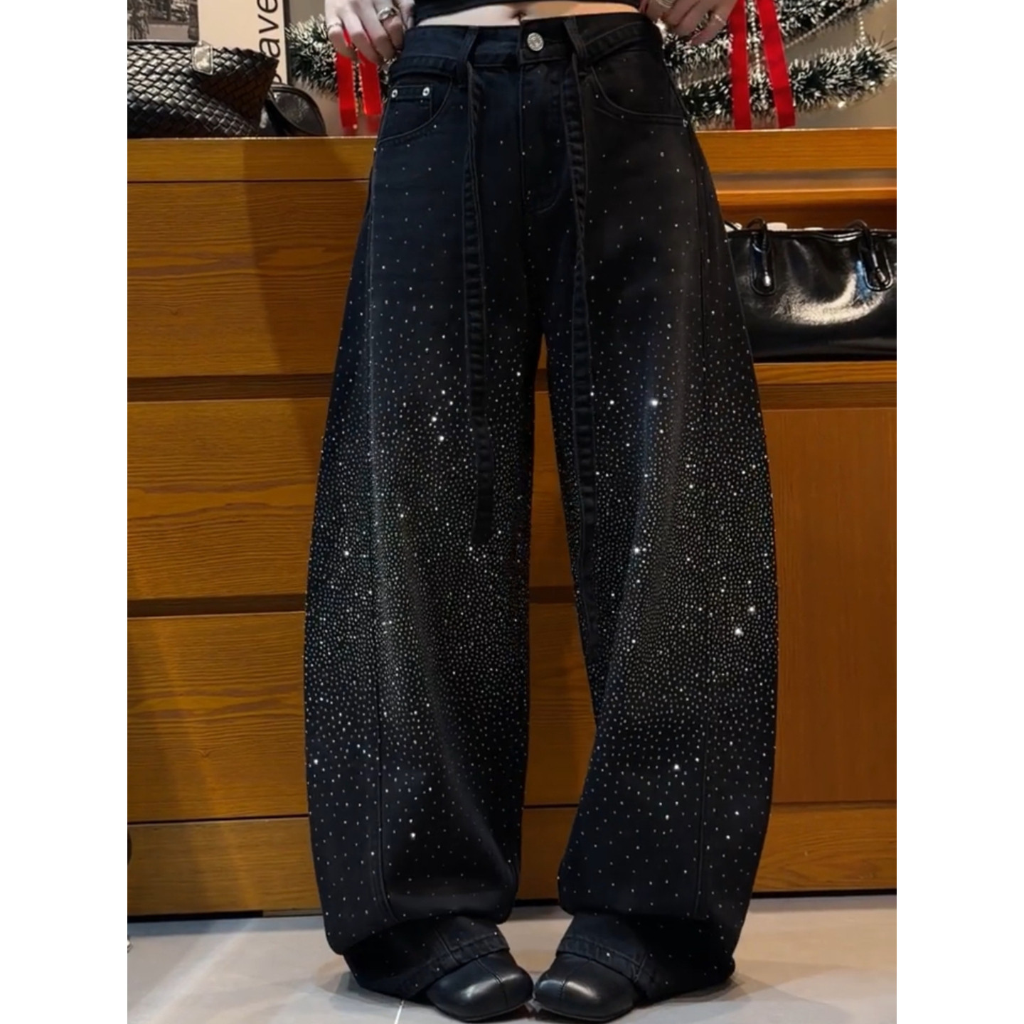 美式大码复古满天星烫钻拼接牛仔裤女辣妹设计感宽松慵懒阔腿长裤,女装/女士精品,大码裤装,淘宝优惠券,粉丝福利购,淘宝优惠卷