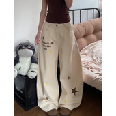 美式 复古字母印花弯刀牛仔裤 女秋季 大码 潮牌宽松显瘦阔腿直筒长裤