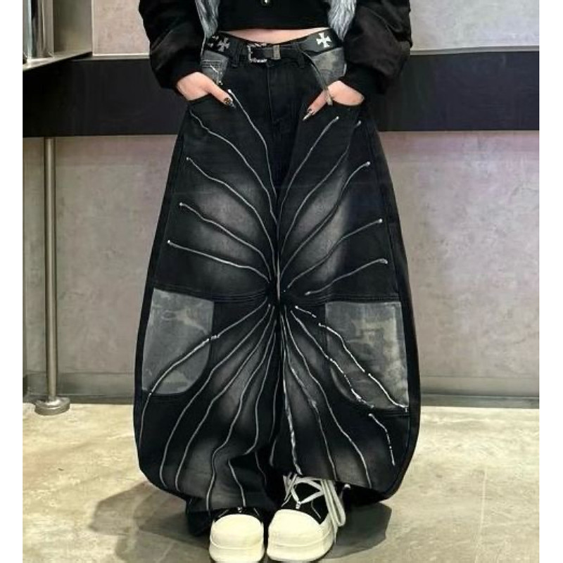 大码美式复古迷彩拼接弯刀牛仔裤男女街头设计感宽松百搭阔腿长裤,女装/女士精品,大码裤装,淘宝优惠券,粉丝福利购,淘宝优惠卷