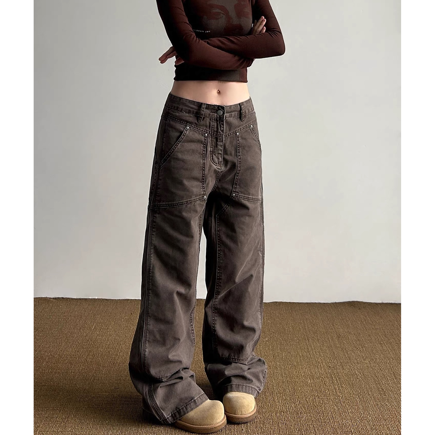 大码美式复古咖色工装裤