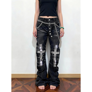 男女街头vibe排扣弯刀长裤 复古十字架烫钻双腰头牛仔裤 潮 美式 大码