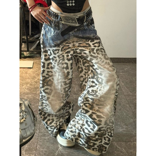 男女街头痞帅宽松显瘦阔腿裤 复古水洗豹纹印花弯刀牛仔裤 美式 大码