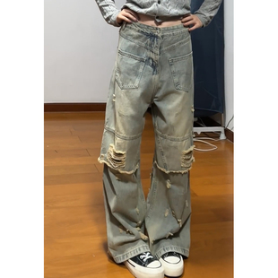 男女高街宽松直筒阔腿长裤 vibe复古水洗破洞拼接牛仔裤 子 美式 大码
