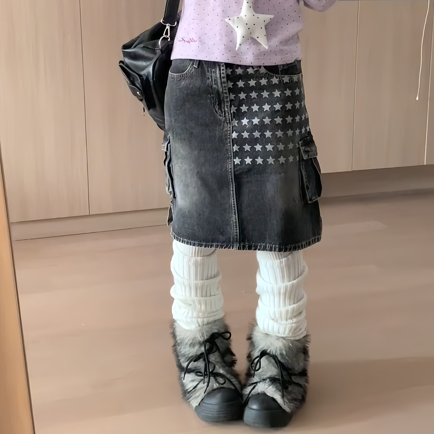 大码美式复古星星印花工装牛仔半身裙女夏季设计感小众a字中长裙