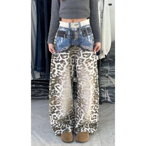 美式vibe辣妹腰带豹纹拼接牛仔裤