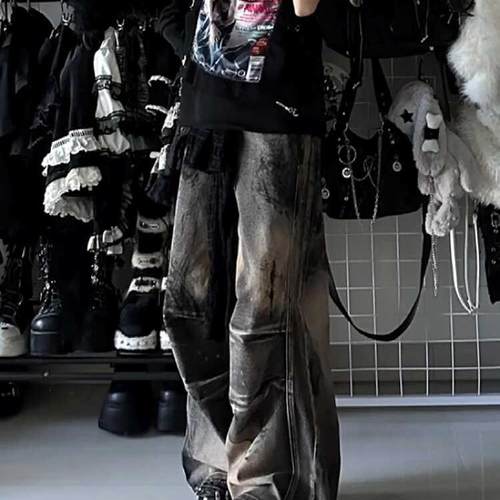 大码美式国潮脏洗褶皱阔腿牛仔裤