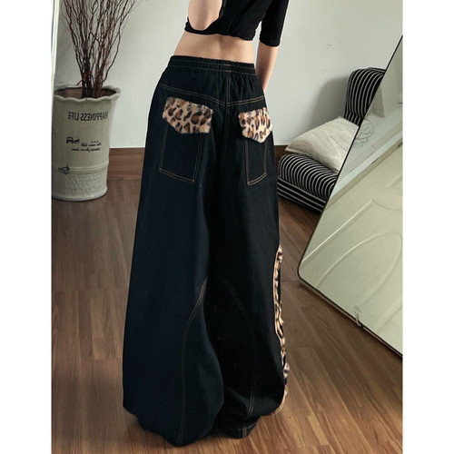 大码美式复古豹纹拼接牛仔裤