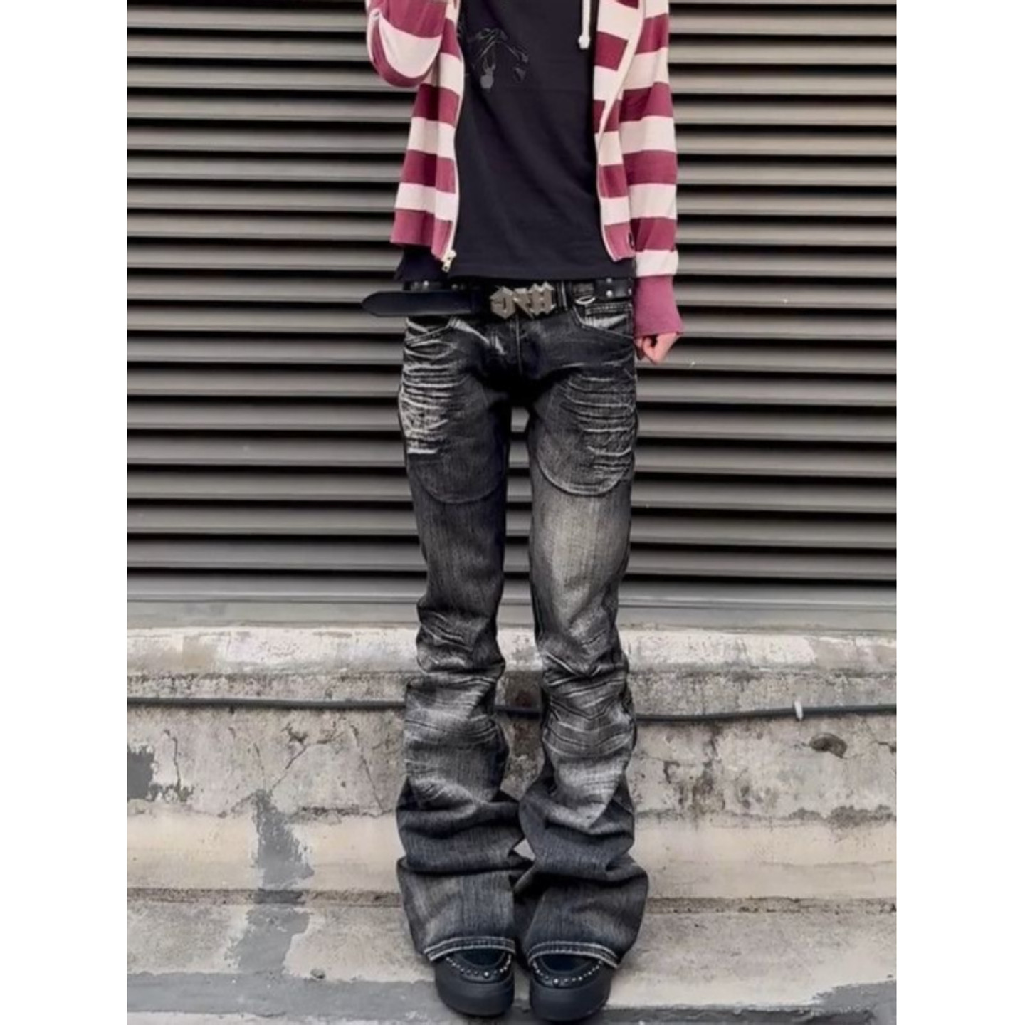美式复古水洗猫须裂纹牛仔裤