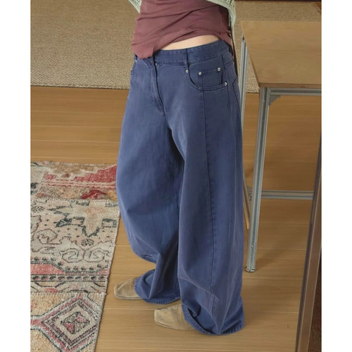 大码美式复古高腰阔腿牛仔裤女