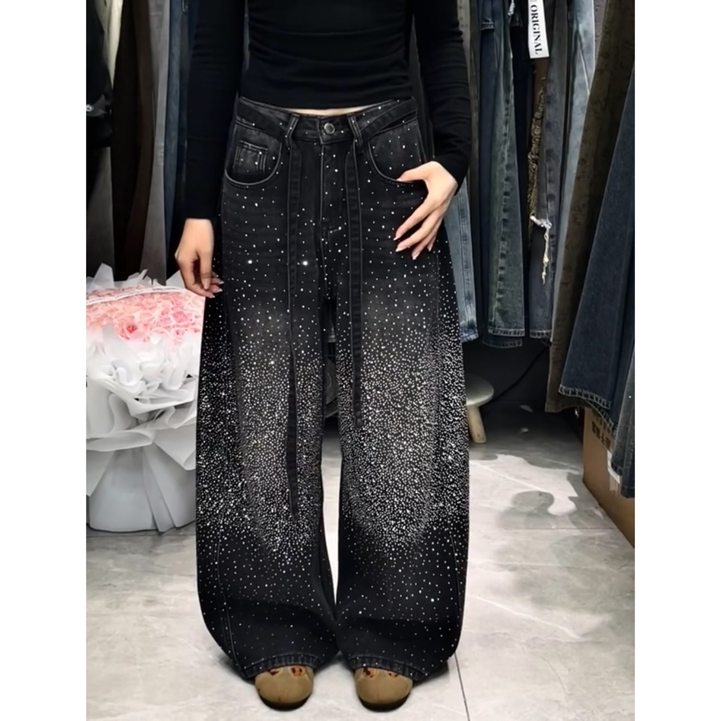 美式复古水洗重工镶钻牛仔裤