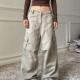 街头阔腿垂感拖地裤 大码 牛仔裤 女秋季 美式 高街多口袋宽松直筒工装