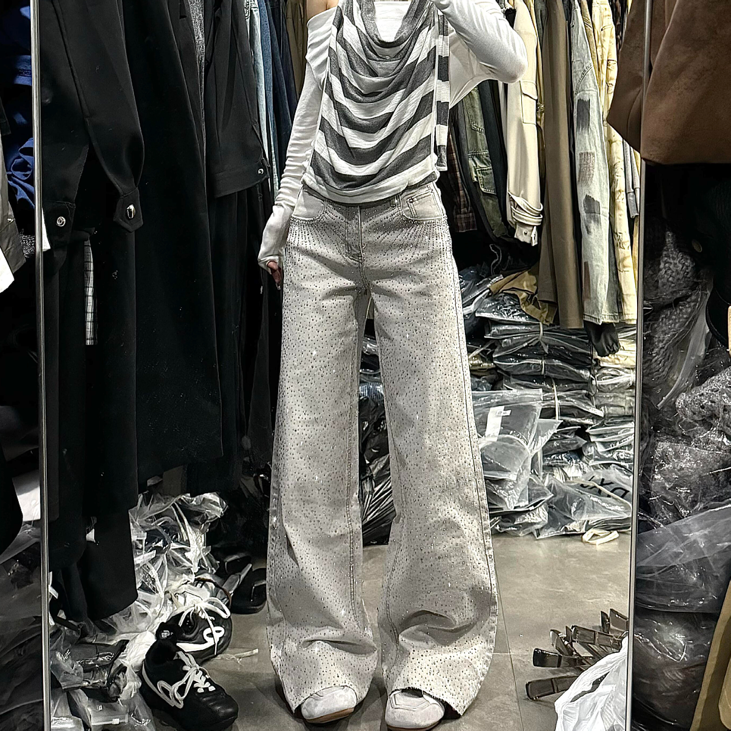 欧美vibe风满天星烫钻牛仔裤