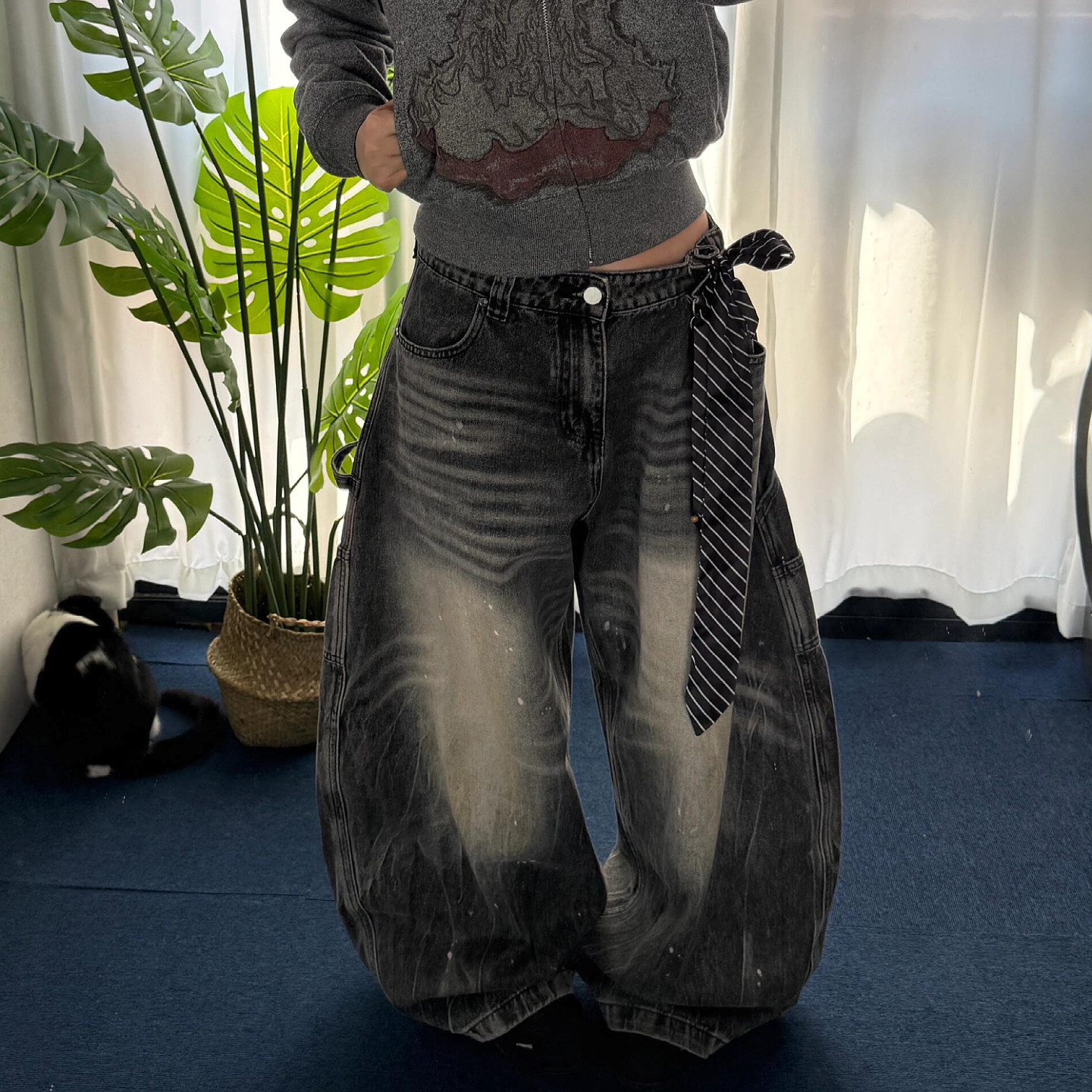 美式大码复古水洗猫须泼墨弯刀牛仔裤男女街头做旧宽松阔腿拖地裤,女装/女士精品,大码裤装,淘宝优惠券,粉丝福利购,淘宝优惠卷