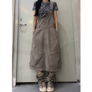 大码美式复古水洗大口袋工装背带裙女2026新款宽松百搭休闲半身裙