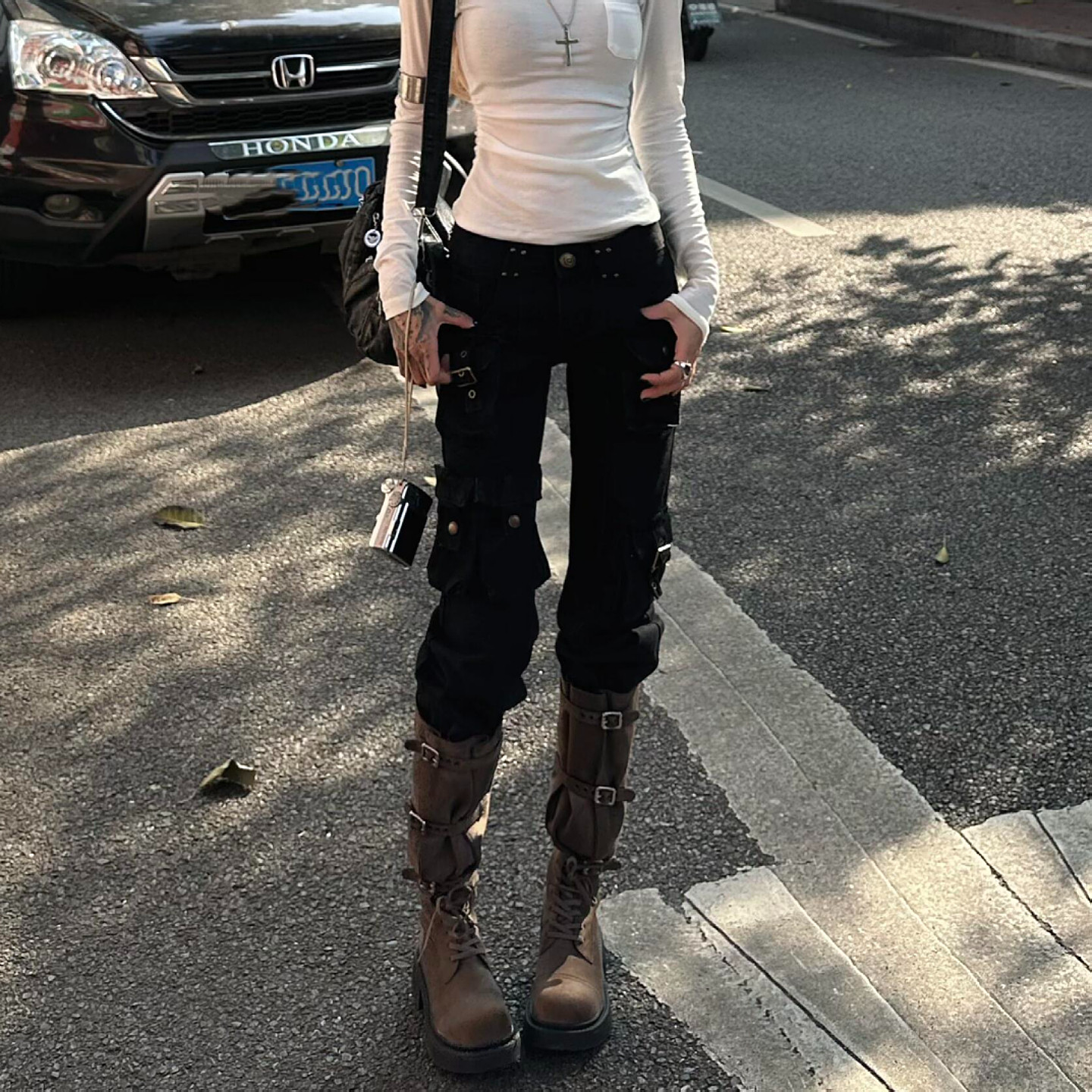 美式vibe大码复古多口袋工装牛仔裤女朋克风辣妹低腰修身微喇长裤,女装/女士精品,大码裤装,淘宝优惠券,粉丝福利购,淘宝优惠卷