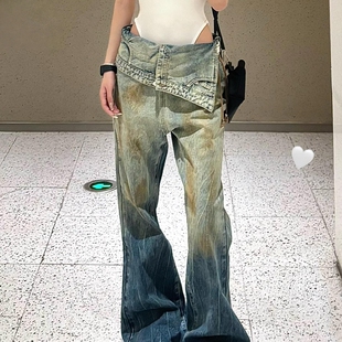 女复古做旧渐变直筒显瘦拖地裤 街头辣妹不规则翻边牛仔裤 美式 大码