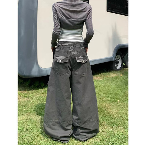 大码美式高街工装裤女灰色直筒宽松百搭休闲牛仔裤迷彩拼接弯刀裤