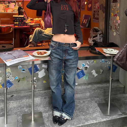 大码美式复古低腰阔腿牛仔裤女