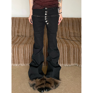 女显瘦朋克牛仔长裤 街头水洗做旧排扣毛毛堆堆弯刀微喇裤 美式 大码