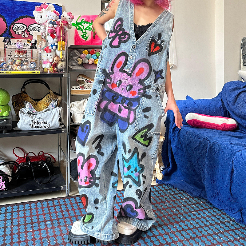 美式大码复古水洗卡通涂鸦牛仔背带裤男女高街廓形宽松显瘦阔腿裤