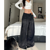 美式 复古反做口袋低腰设计阔腿牛仔裤 女秋冬新款 大码 解构百搭长裤